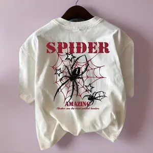 100% Cotton Spider Patterned T-Shirt - "Spider Wonder" Design Tee For Women Men, Red Spider Webs And Black Spiders, Casual Round Neck Unisex Short Seeved Top