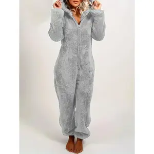 Solid color plush hooded zip-up onesie, casual long-sleeve warm jumpsuit, perfect for Christmas parties