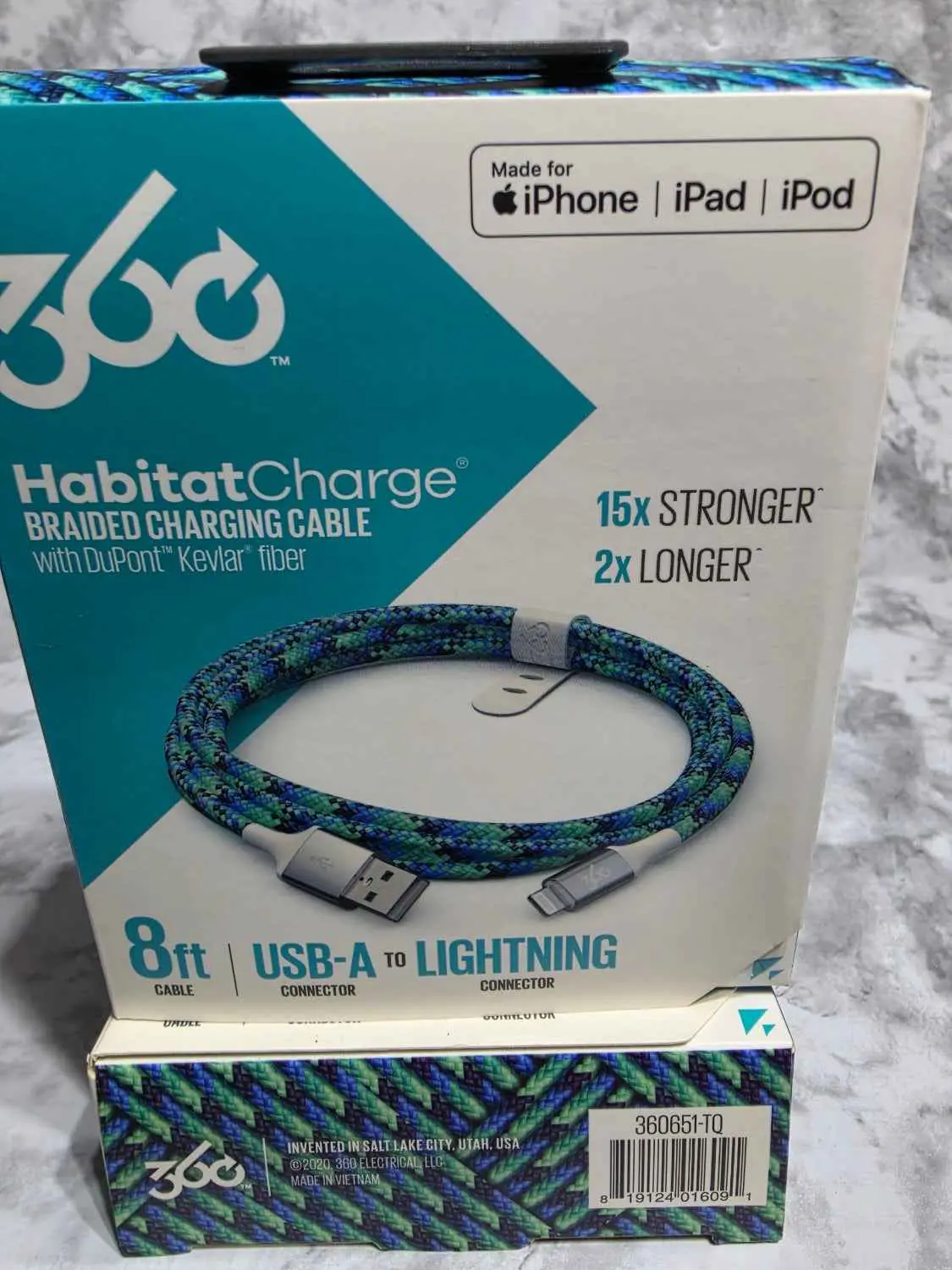 360 Electrical HabitatCharge 8ft Braided USB-A to Lightning Cable - Electronic Mobile Device Charging & Sync Cable, Choose Color