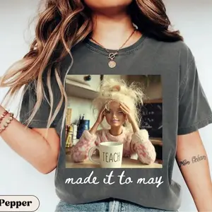 Comfort Colors Last Day of School teacher meme shirt with funny doll face graphic, “Made It to May” tee perfect for end of year celebrations and summer break vibes