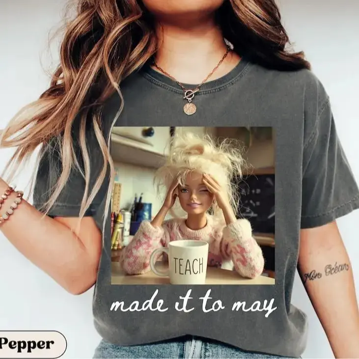 Comfort Colors Last Day of School teacher meme shirt with funny doll face graphic, “Made It to May” tee perfect for end of year celebrations and summer break vibes