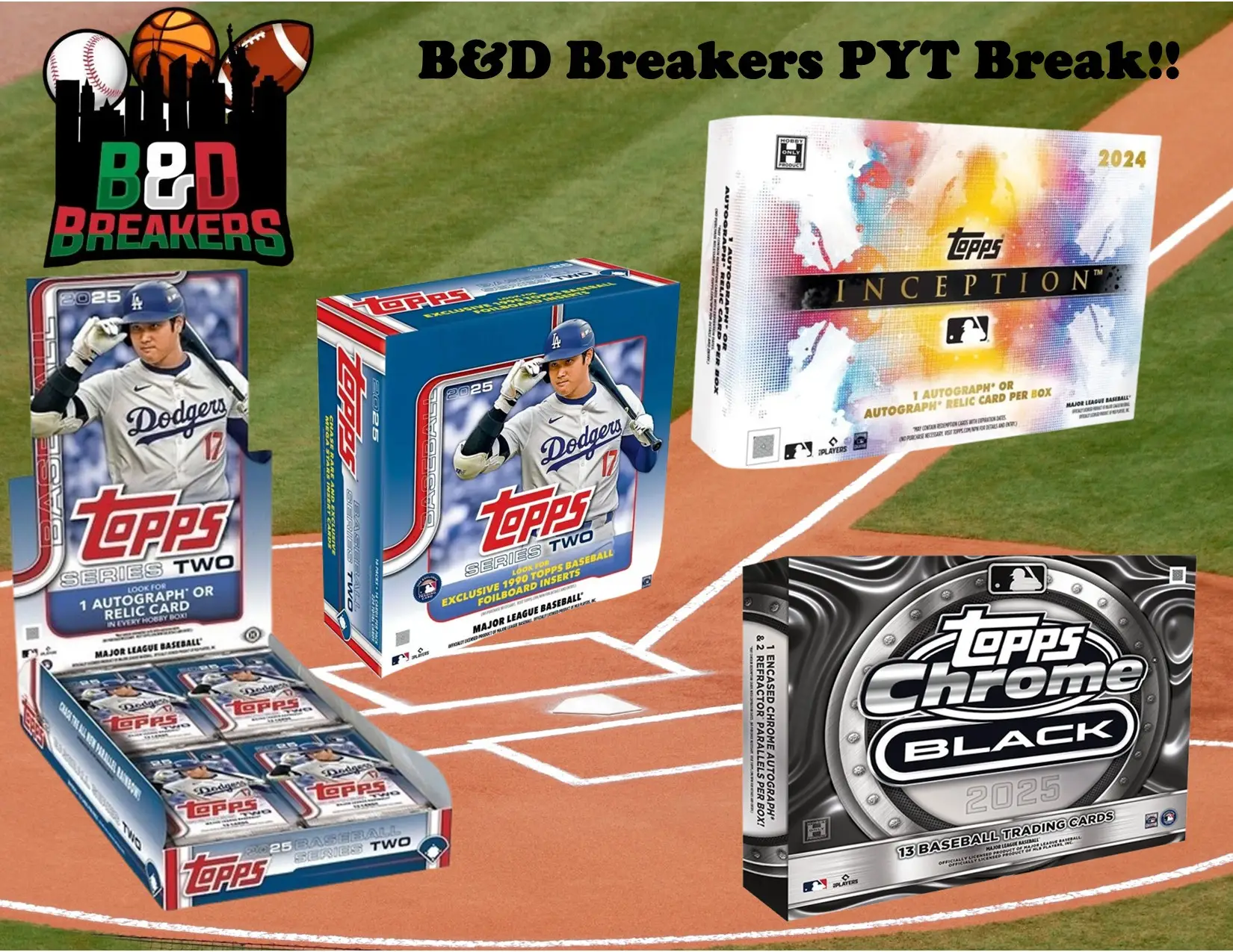 1x 2024 Topps Inception hobby box & 1x 2025 Topps Chrome Black hobby box & 1x 2025 Topps Series Two hobby box & 1x 2025 Topps Series Two mega box - PY