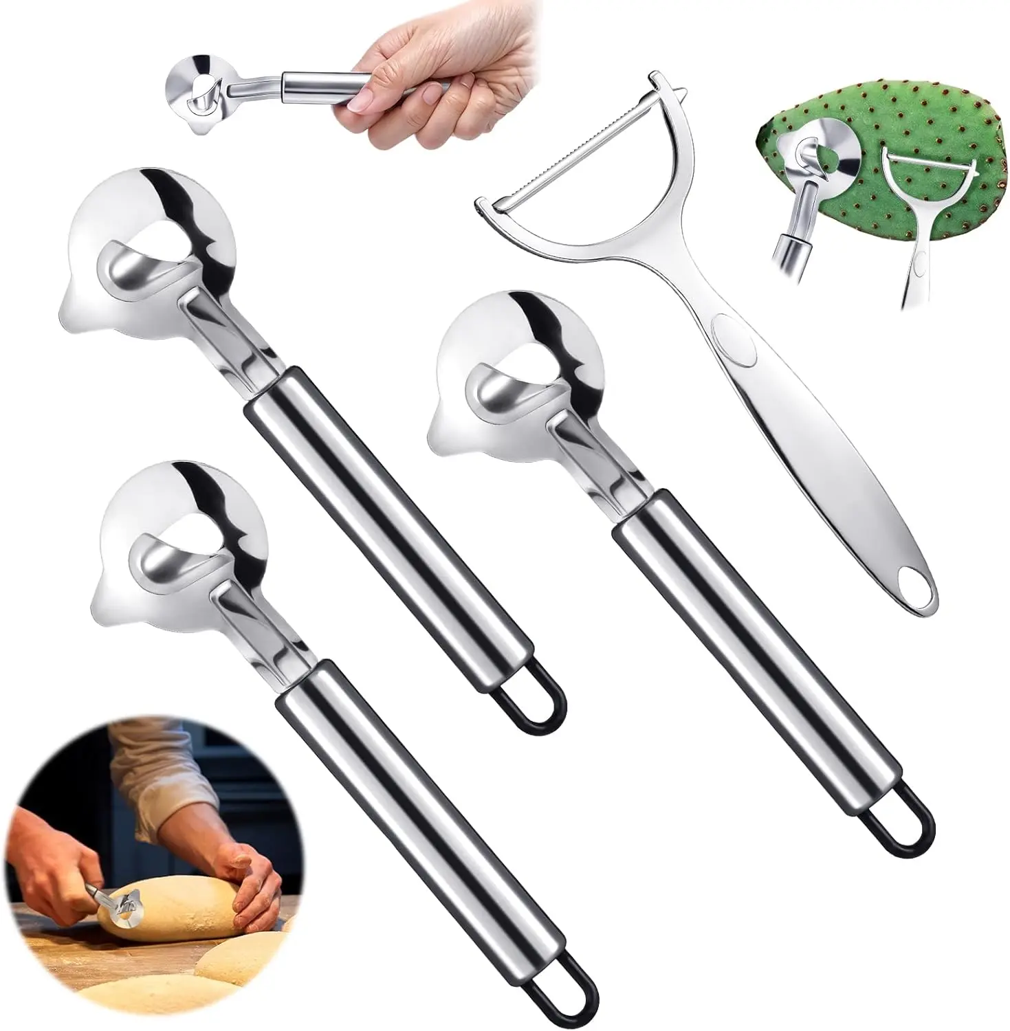 4 Pcs Cactus Kitchen Multitool Set - 420 Steel Blades Utensils Including Peeler, Spoon, Paring Knife, Long Handle Hole Noodle Slicer, Safe for Food Preparation, Durable Kitchen Cooking Gadget Accessories