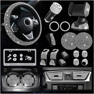 27 count Bling  Accessories Set for Women, 15 Inch Reinestone  Steering Wheel Covers License Plate Frame USB Charger Phone Holder Coasters,  Decorations, Universal Fit(White)