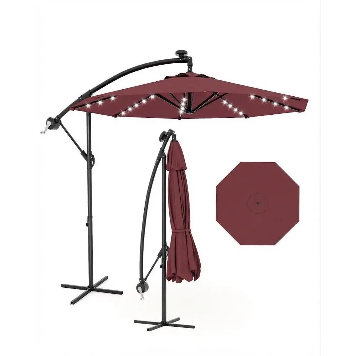 Garvee 10ft Solar LED Offset Patio Parasol - Outdoor Patio Umbrella with 32 LED Lights, 8 Sturdy Ribs, UV Protection, Cantilever Market Umbrella for Backyard, Poolside (Wine Red), Outdoor Patio Umbrellas