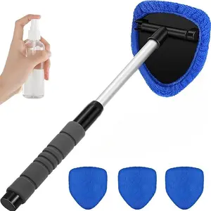 Blue Aluminum Windshield Cleaner Tool with Retractable, Durable & Ergonomic Handle, 180° Swivel Head, 4 Washer Towels, 3 Reusable Microfiber Pads, Auto Glass Squeegee Kit for Car Owners’ Trucks, Home Fog Removal, Fast Easy Cleaning
