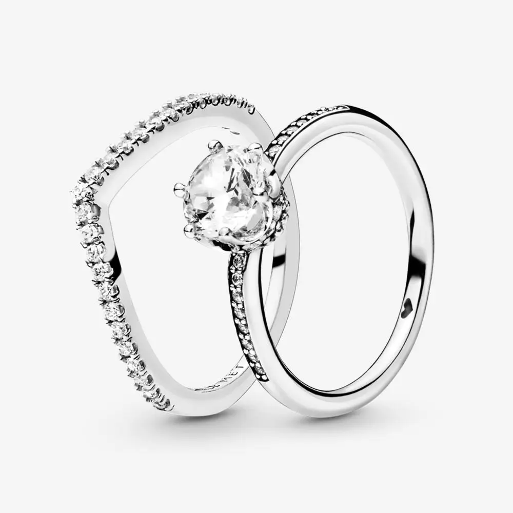 Shimmering Solitaire Wishbone Stacking Ring Set