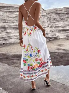Women's Floral Print Cami Dress, Boho Sleeveless Backless Long Dress for Beach Holiday Vacation, Ladies Summer Clothes, Bohemian, Womenswear