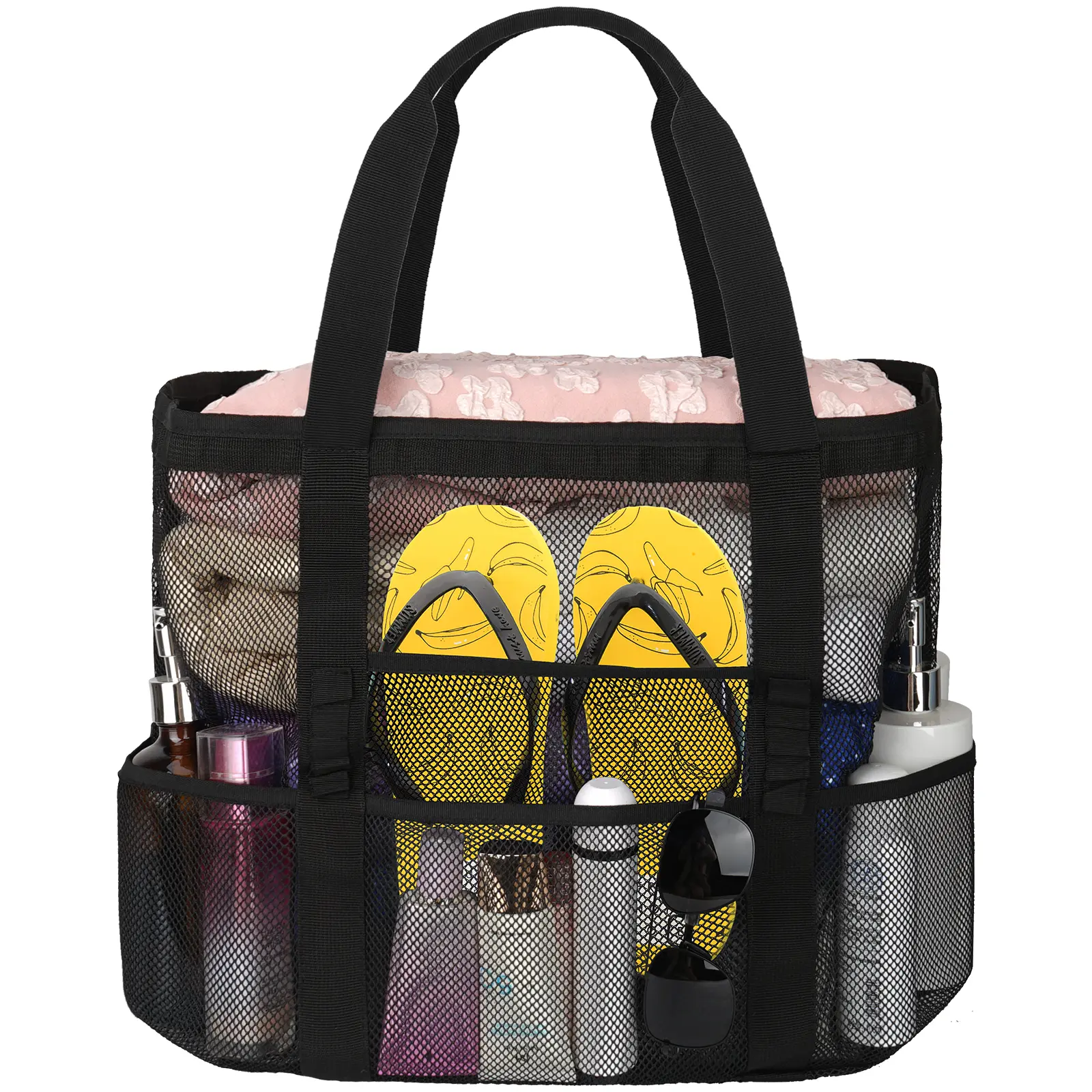 wanchel Mesh Beach Bags for Women - Plus Waterproof Sandproof Tote Bag with 8 Pockets and 1 inner Zipper Closure Pockets Necessity Bag Toiletry Bag Hanging gym bag