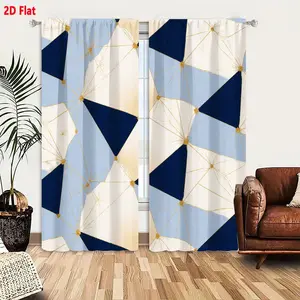 2D Flat  Blue Geometric Overlapping Triangles Curtain 2-Pack with Golden Web-Like Lines Starburst Pattern Decorative Home Window Curtains for Living Room Bedroom