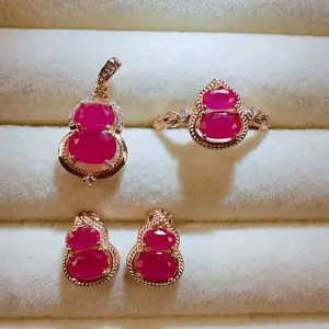 <PingEast Jewerly>Ruby Set--925 Sterling Silver Rose Gold Ruby Gourd Jewelry Set Crafted in 925 sterling silver with a romantic rose gold finish, this elegant gourd jewelry set features natural pink rubies from the famous Mogok mining area of Myanmar. The