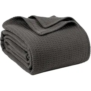 100% Cotton Blankets Queen Size for Bed - Waffle Weave Blankets for Summer, Lightweight and Breathable Soft Woven Blanket for Spring, (Dark Grey, Queen (90" x 90"))