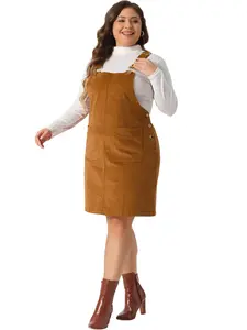 Agnes Orinda Plus Size Women's Suspender Skirt Adjustable Strap Pinafore Corduroy Overalls Dress