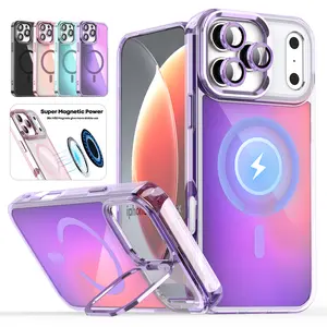 Oceantree For iPhone 17 16 15 14 13 Pro Max Gradient Laser Case Magnetic Camera Stand Cover Translucent Matte Case  Mag Safe with Camera Lens Glass Protective Cover Aluminium Protection Shockproof Wireless Anniversary Colorful Protector Screen Protector