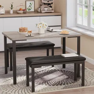 3 Pieces Dining Room Table Set for 4, Compact Kitchen Table Set with 2 Upholstered Benches, Rectangle Modern Dining Table Chair for Small Spaces, Apartment, Black