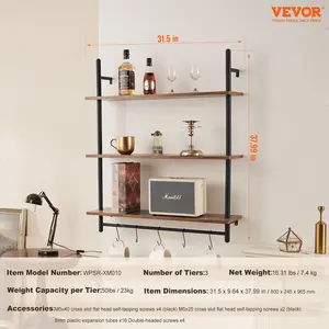 VEVOR Industrial Pipe Shelf, 3 Tier 32x9.84in, Wall-Mount Floating Rustic Wood Shelves Bracket Display Bookshelf, Storage Rack Sundries Holder for Kitchen Bedroom Bathroom Living Room, Black