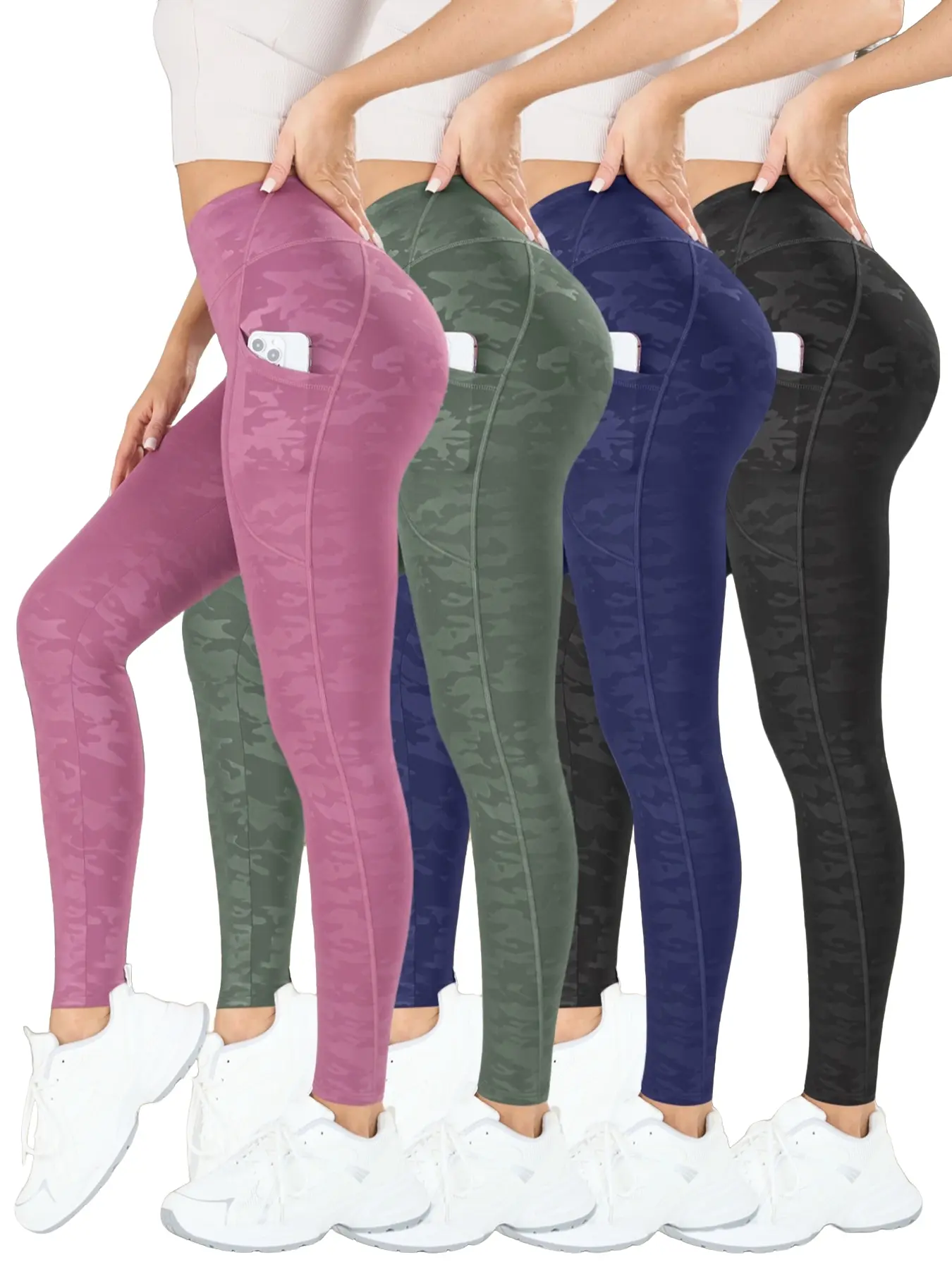 4PCS Women's Camo Print High Waist Sports Leggings with Pockets, Breathable Comfortable, High Stretch Yoga Pants, Sportswear for Indoor Outdoor Wear, Gym Workout Leggings, Gym Sportswear Bottoms
