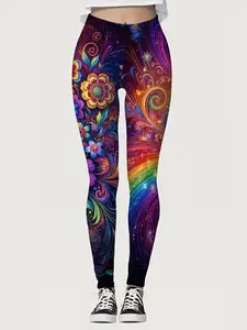 Printed Leggings for Women Premium Super Soft Comfort Bold Prints with Vibrant Floral and Rainbow Design