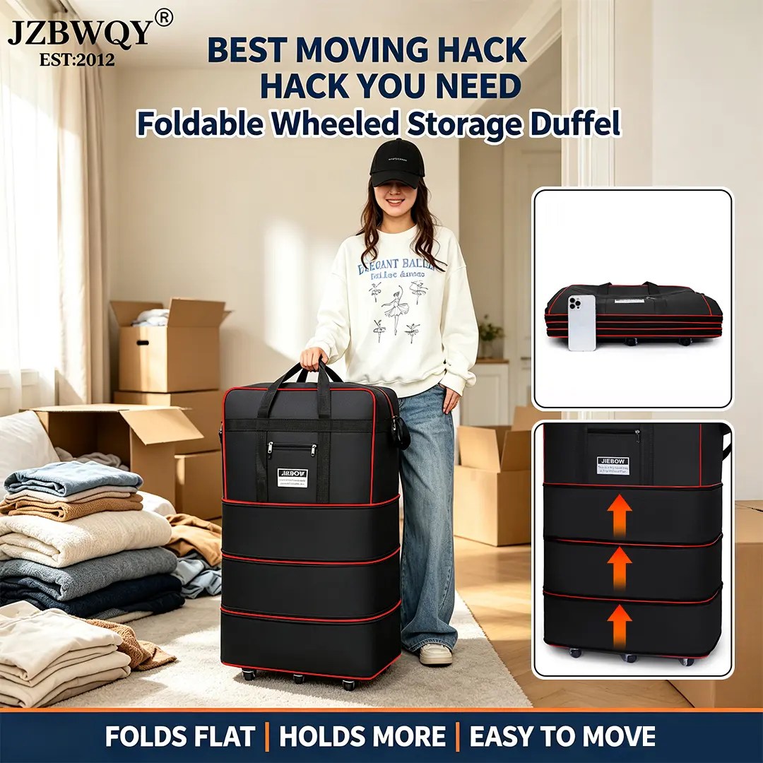 JZBWQY 100L Expandable Foldable Lightweight Rolling Garment Duffle Bag - 360° Universal Wheels, Carry On Luggage, Personal Item Luggage, Travel Bag for International Travel & Weekend Getaways, 4 Wheels 360 Rotation