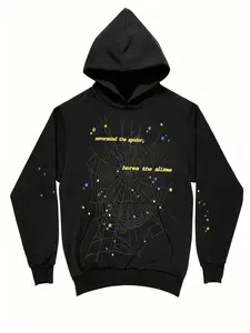 y2k hoodies, Men's Hip Hop Spider WebPattern, Graphic Alphabet Print HarajukuVintage Hoodie, Punk rock style, LongSleeve Street Wear Top For Both Men AndWomen Oversized Hoodies