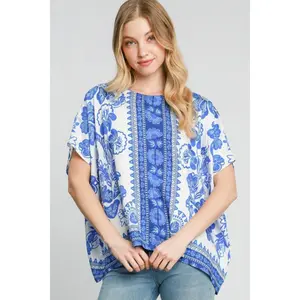 Umgee Full Size Floral Border Print Oversized Top Plus Size