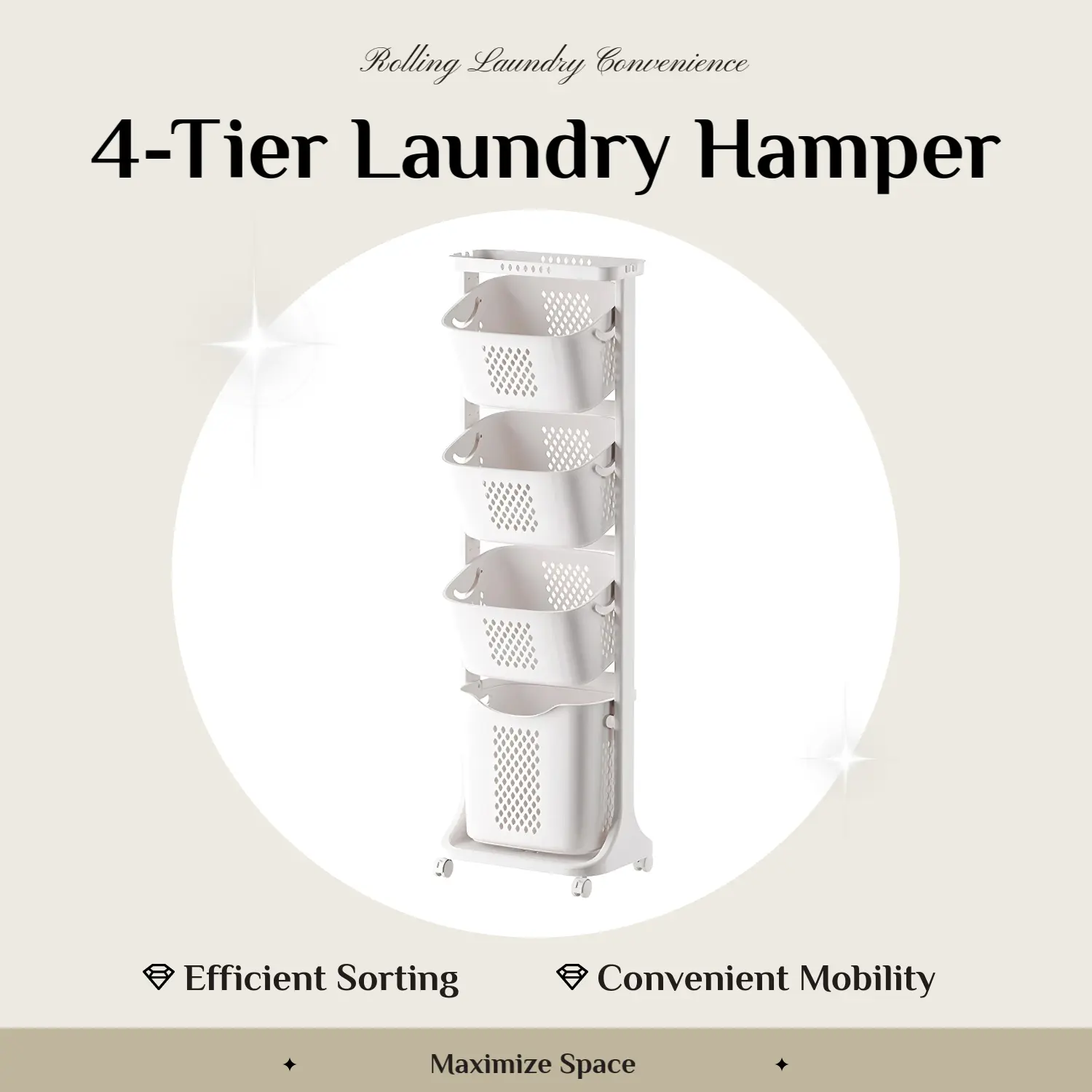 4-Tier Laundry Hamper Sorter, Laundry Storage Organizer with Wheels Removable Rolling Laundry Baskets, Bathroom Cart for Dirty Clothes, White