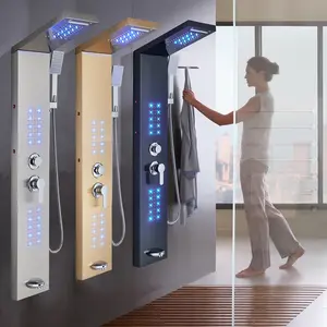 Senlesen Stainless Steel Shower Panel Tower System,LED Rainfall Waterfall Shower Head,5-Function Shower Column Faucet Rain Massage System with Body Jets, Brushed Nickel,Black,Brushed Gold