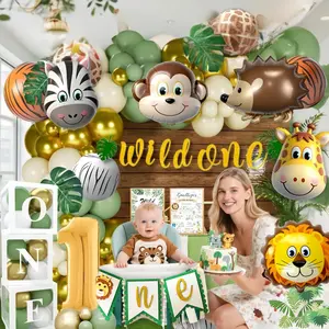 Wild One Birthday Decorations, 1st Birthday Decorations for Boy or Girl, High Chair Banner, Box, Balloons Garland, Jungle Theme Safari Party