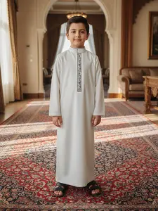 Muslim Traditional Islamic Boy Thobe, Silver Color Embroidered Stand Collar, Long Sleeve Side Pockets, Suitable for 8-12 Years Old Boys