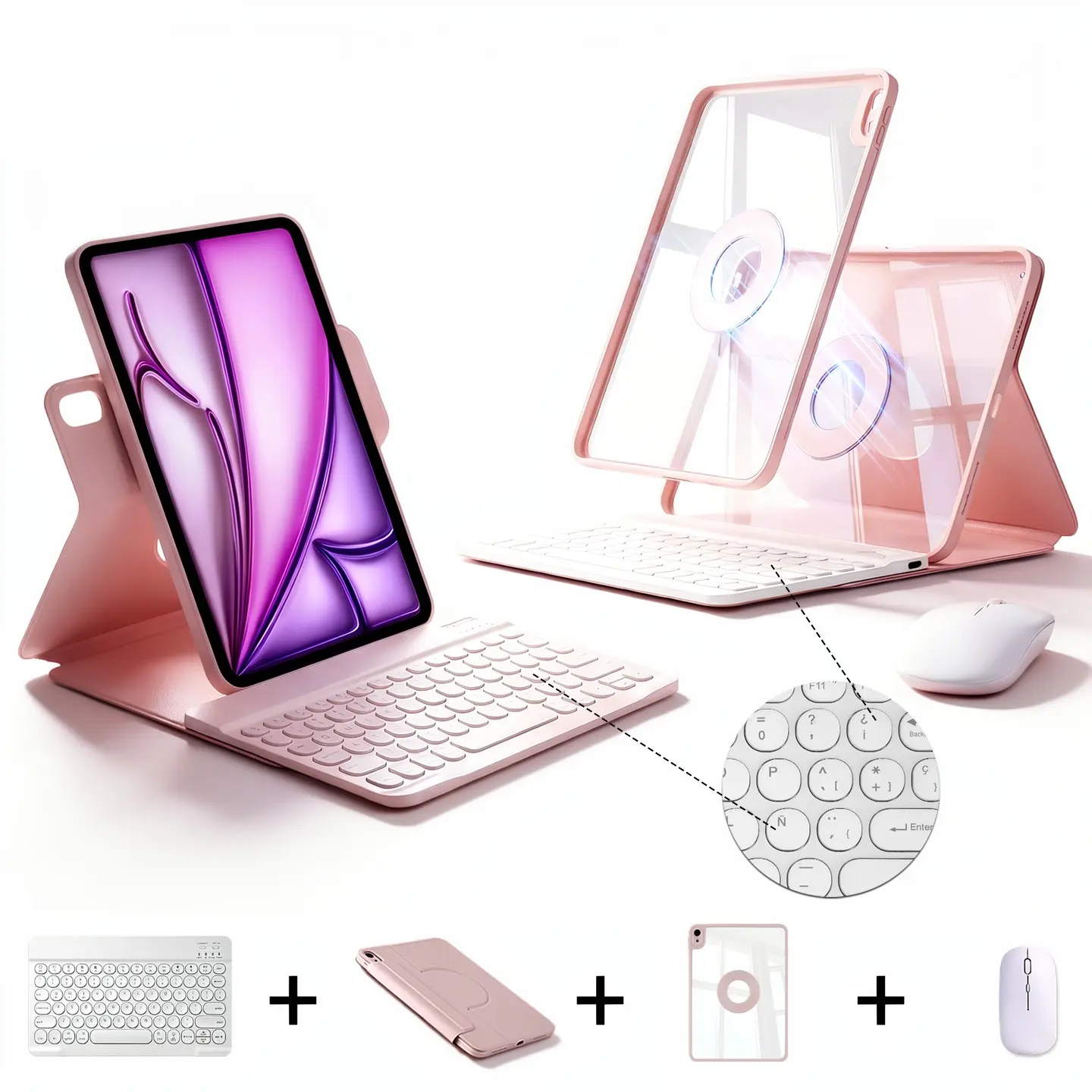 SPALLO Spanish Ñ Tablet Keyboard Case for iPad Air 8th M4 2026 11 inch & iPad A16 11th/10th, Compatible with iPad Pro M5 2025 13" with 360 Rotatable Detachable Magnetic Transparent Hard PC Back, Wireless Español Keyboard & Mouse
