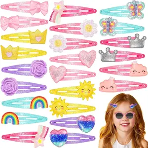 L-HDW098 24 Pcs Rainbow Unicorn Clips Metal Clips Butterfly Snap Barrettes Cute Mermaid Hair Pins Sparkly Animal Hair Accessories for Toddlers Little Girls Birthday Party Gifts(Lovely Pattern)