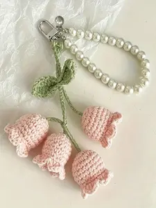 Handmade Crochet Lily of the Valley Bag Charm Pendants – Pearl Chain Keychain Set, Cute Knitted Flower Bag Decoration & Bag Chain Charms for Backpack Purse, Ideal for Handmade Lovers & Sweet Style Gifts