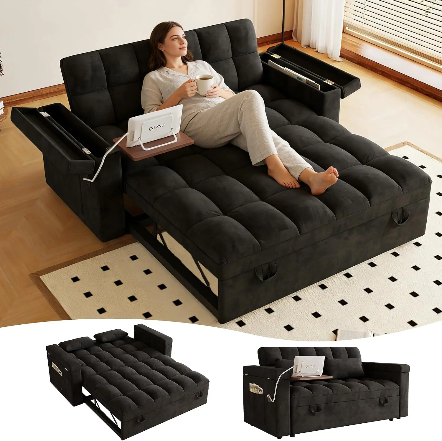 65"3-in-1 Foldable Velvet Sofa Bed, Adjustable Backrest Convertible Double Sofa with USB Port, Side Table Board & Storage Armrests, Soft Cushioned Sofa Bed with Pillows for Living Room, Apartment & Office,Black