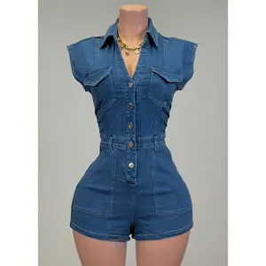 OLIANA DENIM BLUE COLLARED SHORT SLEEVE ROMPER
