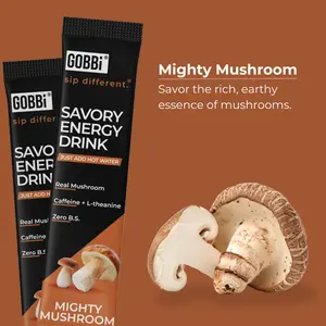 Gobbi Mighty Mushroom Energy Drink - Savory Taste with Caffeine & L-theanine - On-the-Go Sticks - No Preservatives - Pure Comfort - US
