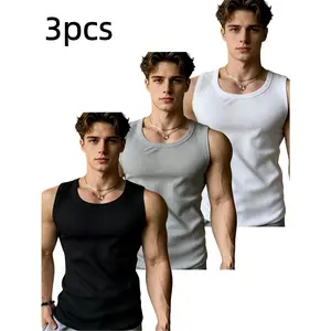 3-Pc Men'S Vest Base Threaded Slim Fit Inner Wear American Style Men'S Stretch Sports Fitness Four Seasons Breathable Close-Fitting