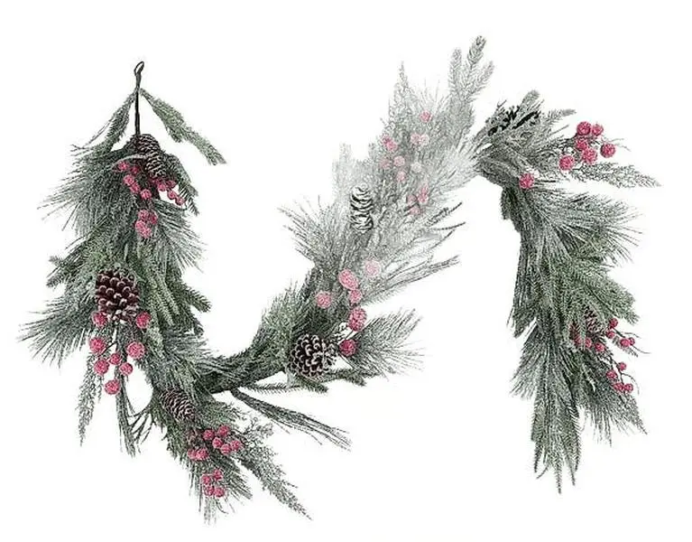 6' Snowed Pine, Berry & Pinecone Garland in Two-Tone Green, Red & White
