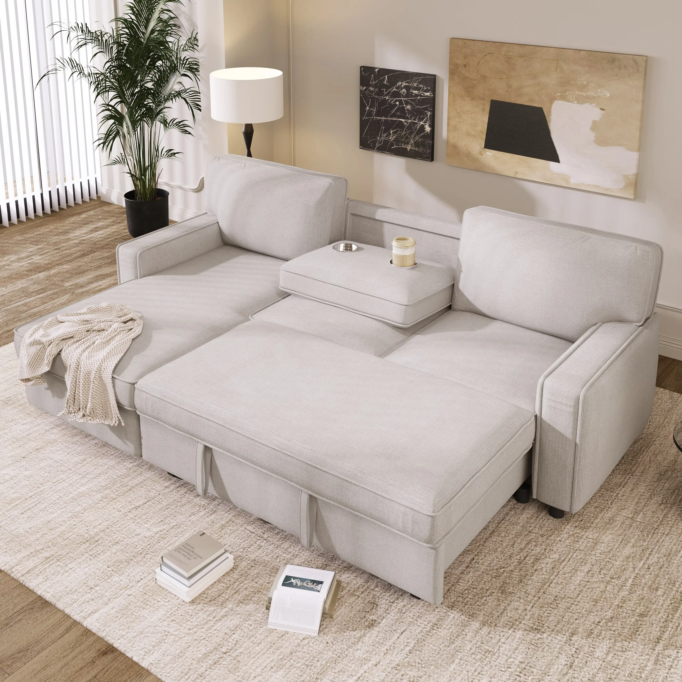 U_STYLE Upholstery Sleeper Sectional Sofa with Storage Space, USB port, 2 cup holders on Back Cushions modular pull out couch