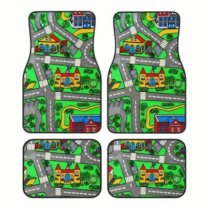 [Retro Racing Mats] 90S Retro Racing Floor Mats - All-Weather Polyester Car Mats Suitable for Sedans, Suvs, And Coupes - Vibrant Cityscape Design in Red, Yellow, Green, And Blue, Interior Additions, Textured Surface Carpet