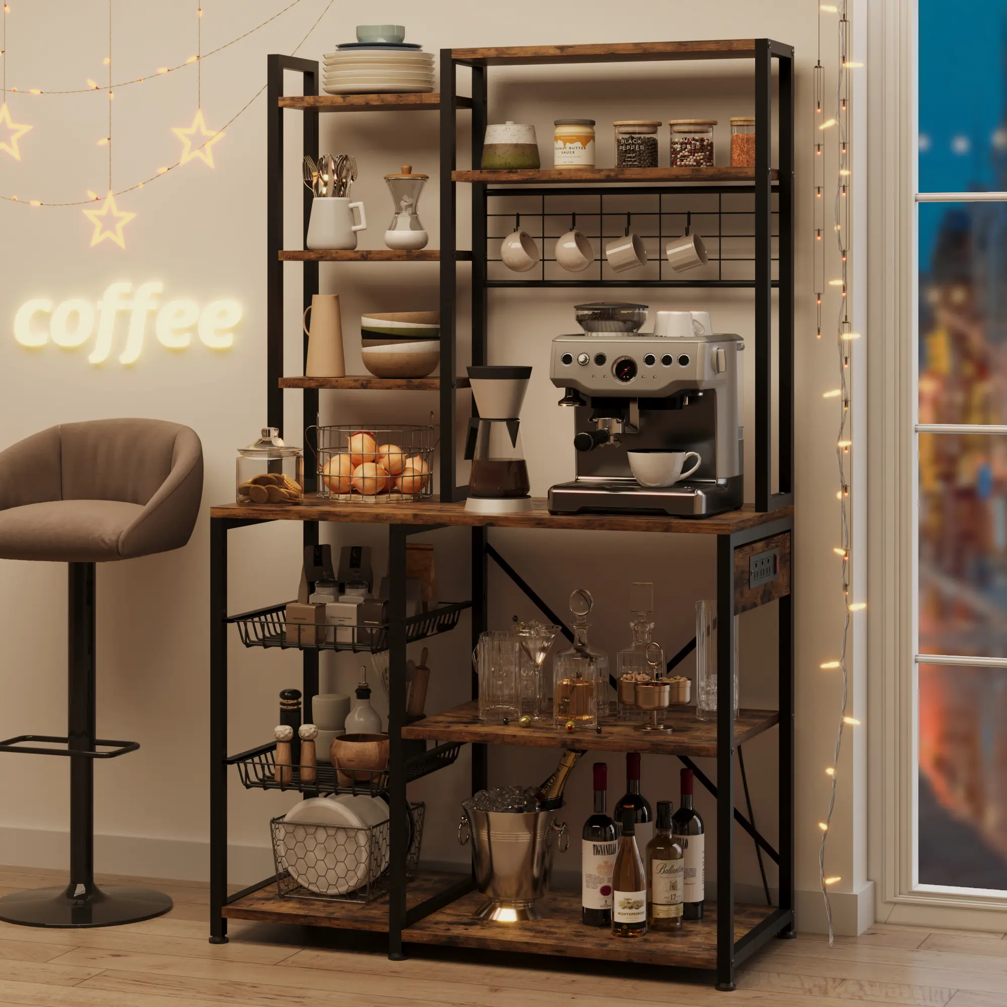Garvee 7-Tier Industrial Bakers Rack with Power Outlet – Large Microwave Stand & Coffee Bar Station – 2 Wire Baskets, Hanging Hooks – Freestanding Kitchen Utility Storage Shelf – Black & Gray
