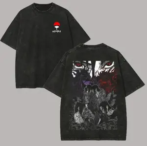 Naruto Uchiha Brothers Itachi Sasuke Sharingan Graphic Tee Vintage Acid Wash Oversized Cotton Short Sleeve Retro Anime Streetwear Casual Daily Trendy Manga Top for Men Women