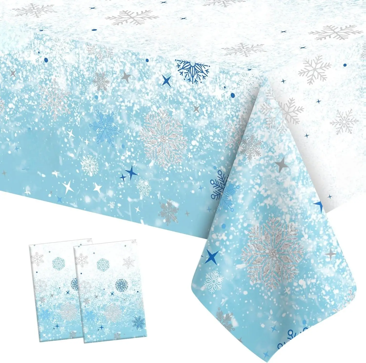 2 PCS Blue White Plastic Snowflake Tablecloth Frozen Birthday Winter Wonderland Decorations Disposable Table Cover Tablecloths for Christmas Holiday New Year Party Favors