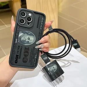 6 Piece Set High Bamboo Fashion Dollar Bill Phone Case, Charger Head Cover, Cable Protector, Storage Rope, Data Line Protection Strap, Accessories