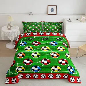 Luxury Football Theme Duvet Set - Multi-Size Soccer Ball Comforter, Field Print Quilt, Football Green Design, Machine Washable Bedding Linen Textile Set, Football Theme Duvets