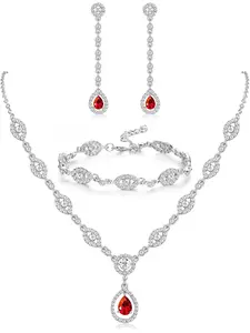 Glamorous 4 Pcs Red Shining Wedding Bridal Jewelry Set Brilliant Silvery Prom Costume Alloy Jewelry Set Elegant Matching Jewelry Set for Women Men Rhinestone Teardrop Necklace Earrings Bracelet Bridesmaid Jewelry Accessories