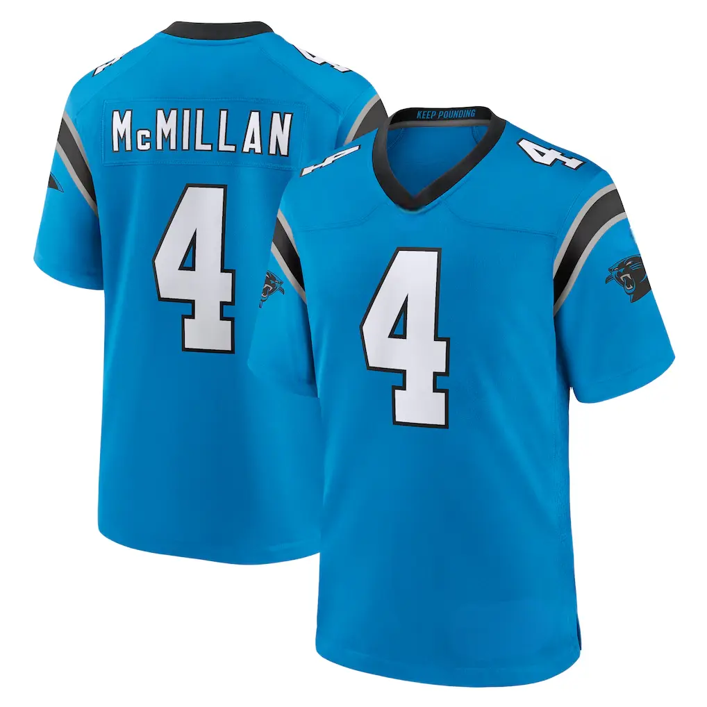 Full Print CPanthers All Colors McMillan #4 Football Jersey, Men's Breathable V Neck Short Sleeve Athletic Shirt, Team Game Uniform, Sports Fan Apparel, Unisex Gift for Football Fans