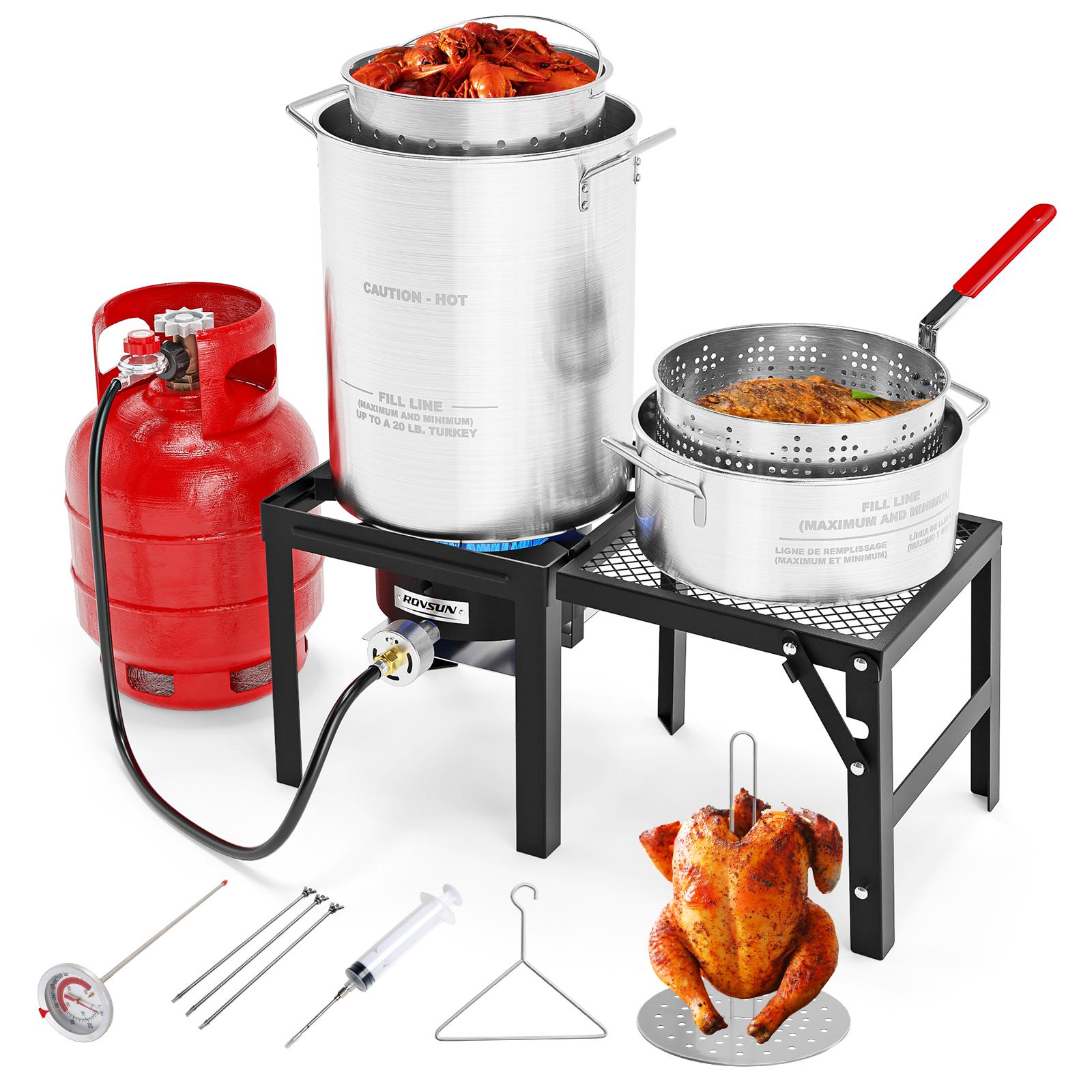 ROVSUN 30QT Turkey Fryer & 10QT Fish Fryer Kit with 54000BTU Propane Stove & Foldable Side Table, Aluminum Deep Fryer Po