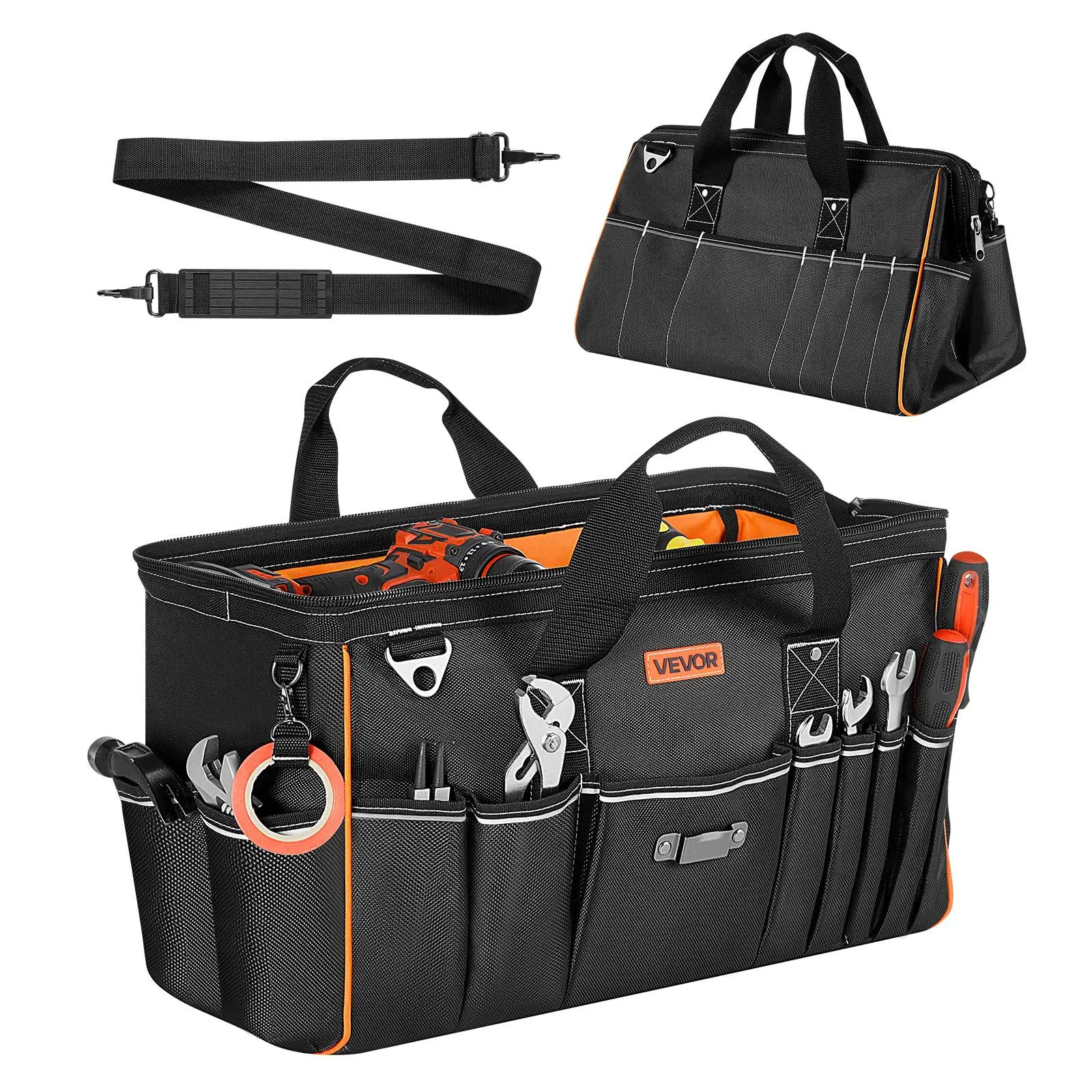 VEVOR 20-Inch Large-Capacity Multi-Pocket Tool Bag, 33-Pocket Portable Tool Organizer, Water-Resistant Storage Bag with Big Zipper & Adjustable Shoulder Strap, for Men Gifting, Large-Capacity Multi-Pocket Tool Bags