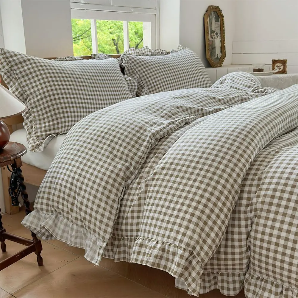Queen Tan Bed Comforter Set, 3-Piece Vintage Gingham Microfiber Bedding with Ruffles, Soft Pre-Washed, Microfibre, Plaid
