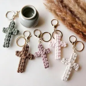 Handmade Crochet Cross Keychain Retro Boho Style Religious Ornament Portable Practical Daily Pendant Elegant Decorative Accessory Ideal for daily matching car hanging and thoughtful present choices-MM1
